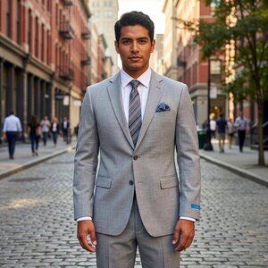 New 2026 Mens 2pc Crosshatched Sharkskin Light Grey Suit Set, Hybrid Fit (H1)